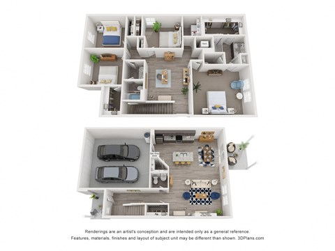 A 3D floor plan of a 4-bedroom home with a garage for two cars.